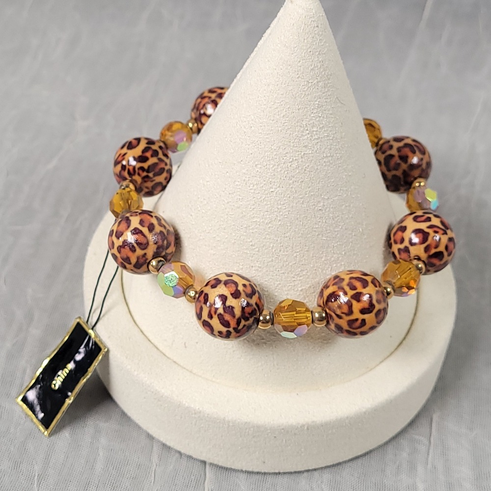 Joan Rivers Leopard Print Bracelet Stretch Brown Amber Crystal Bead Jewelry